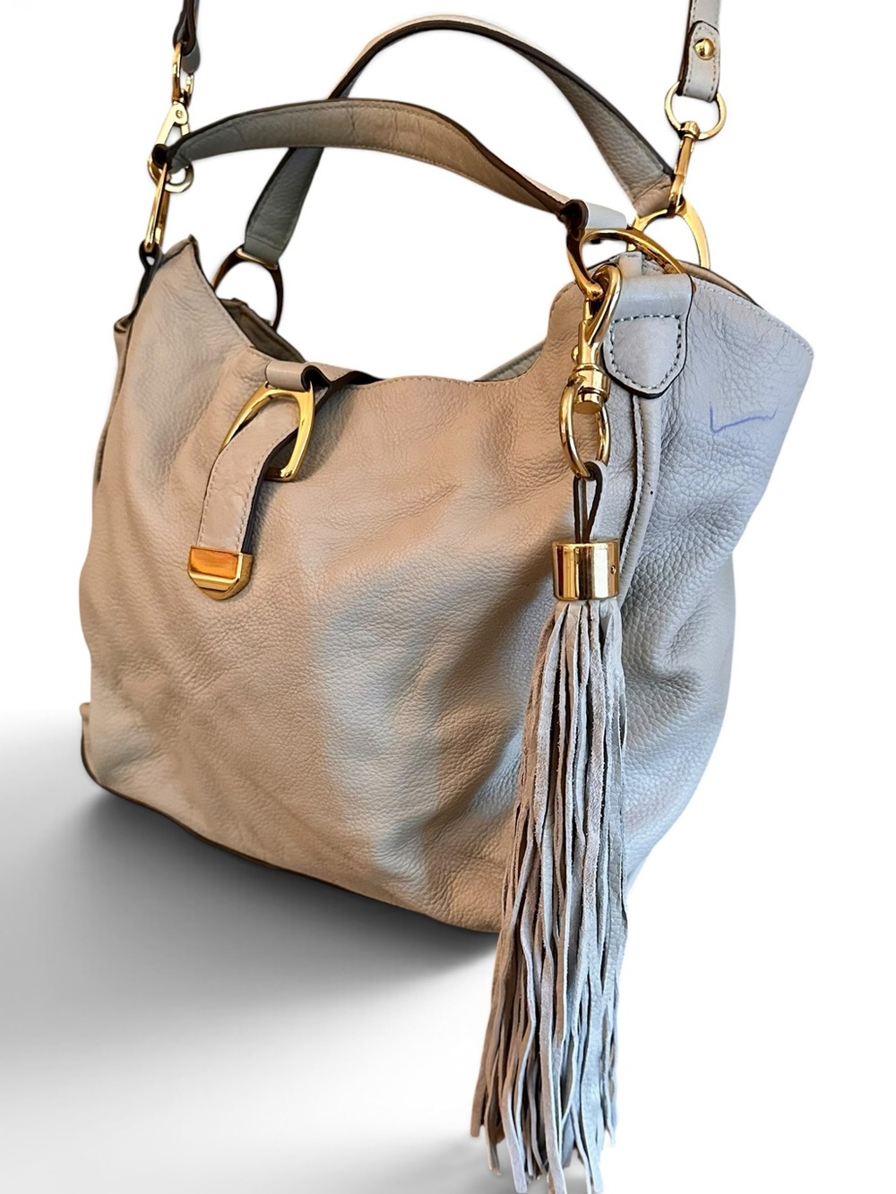 G.I.L.I. Bluish Beige Gray Pebbled Leather Shoulder Bag with Tassel